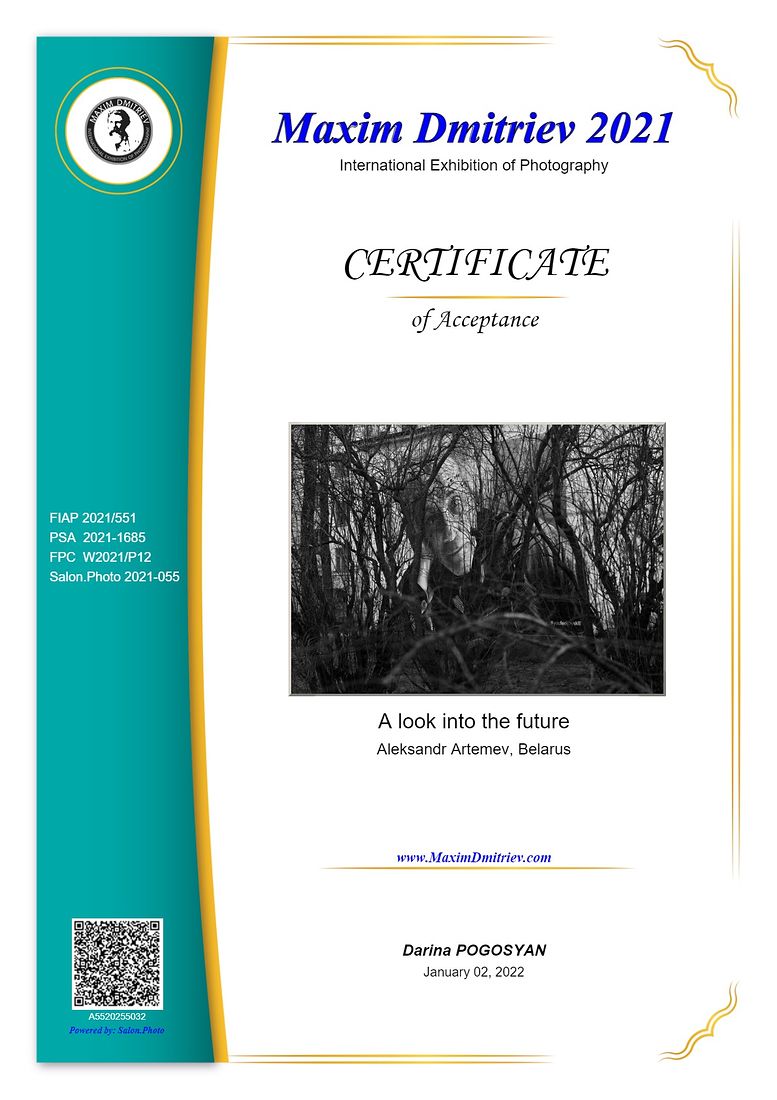 Aleksandr Artemev. Photographic awards. "2nd Maxim Dmitriev 2021 International Exhibition Of Photography" • 2021 — "2nd Maxim Dmitriev 2021 International Exhibition Of Photography" (FIAP 2021/551, PSA 2021-1685, FPC W2021/P12)