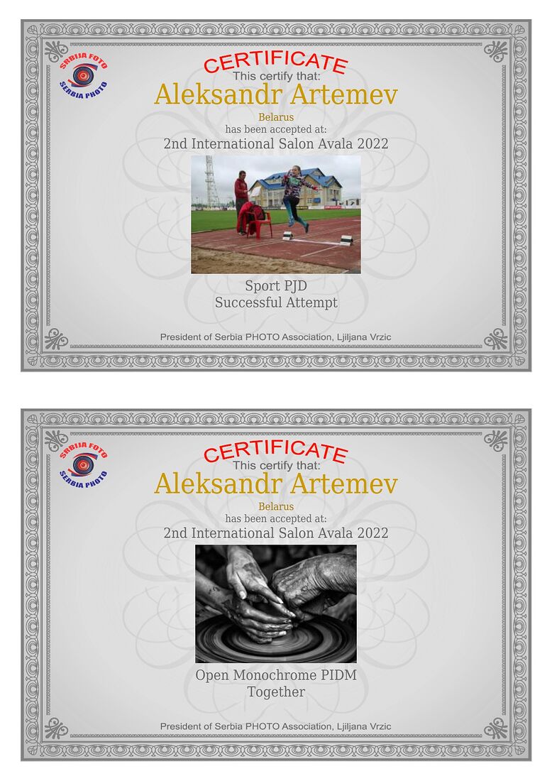 Aleksandr Artemev. Photographic awards. 2nd International Salon Avala, Serbia (PSA 2022-450, GPU L220124)