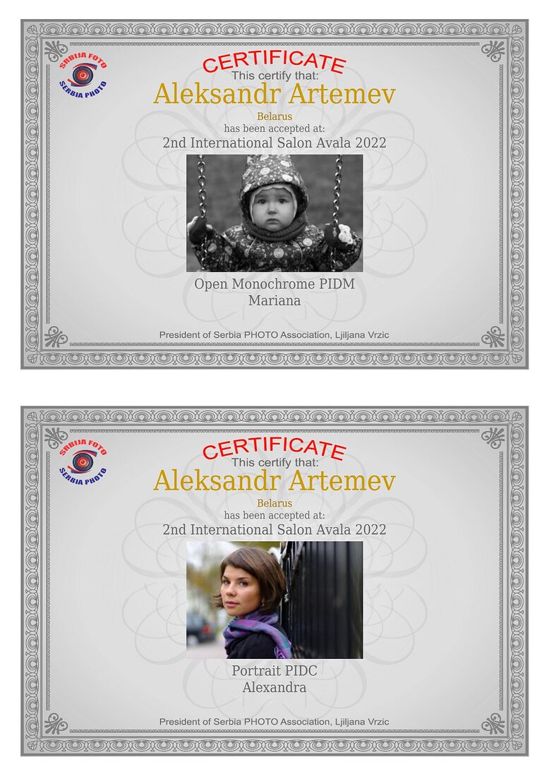 Aleksandr Artemev. Photographic awards. 2nd International Salon Avala, Serbia (PSA 2022-450, GPU L220124)
