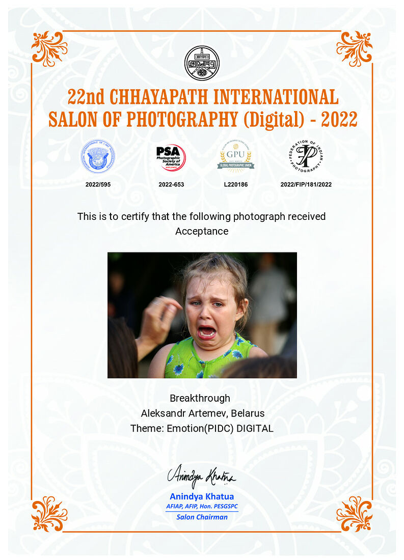 Aleksandr Artemev. Photographic awards. 22nd Chhayapath international salon (PSA 2022-653, FIAP 2022/595)