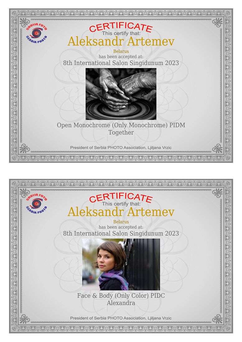 Aleksandr Artemev. Photographic awards. 8th International Salon Singidunum (PSA 2023-24, GPU L230006)