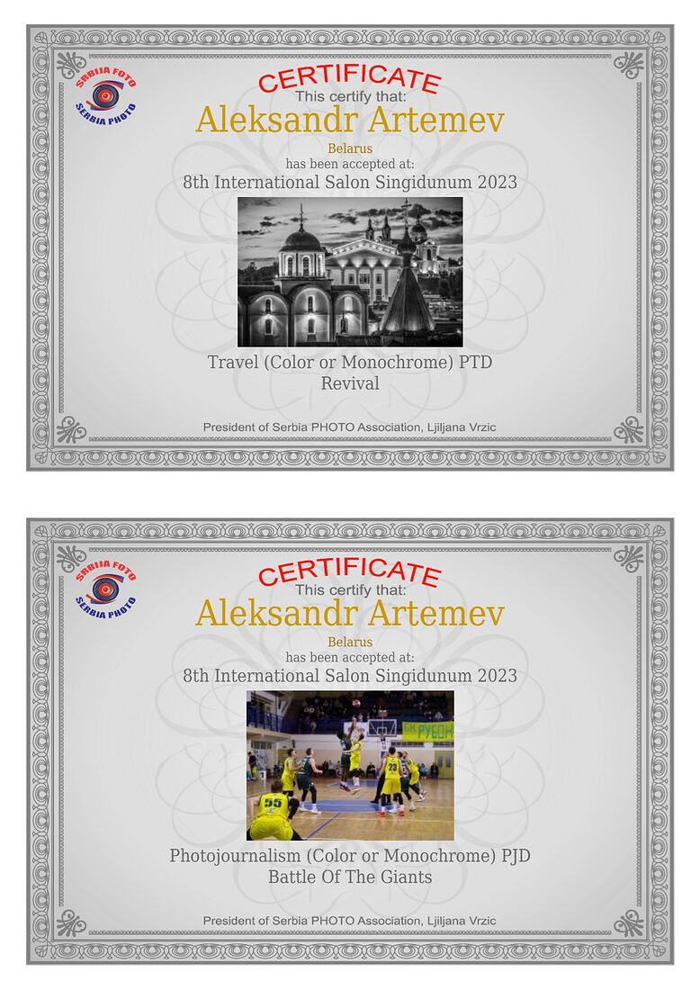Aleksandr Artemev. Photographic awards. 8th International Salon Singidunum (PSA 2023-24, GPU L230006)