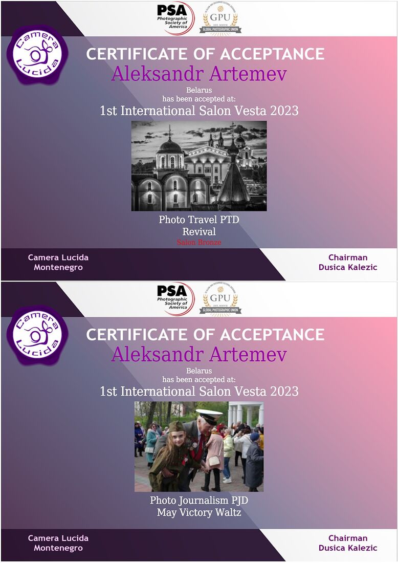 Aleksandr Artemev. Photographic awards. 1st International Salon Vesta (PSA 2023- 85, GPU L230022)