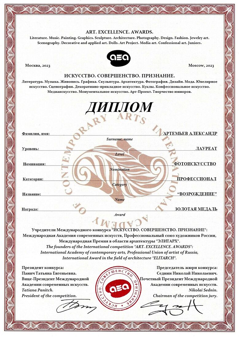 Aleksandr Artemev. Photographic awards. ХV сезон Art Excellence Awards
