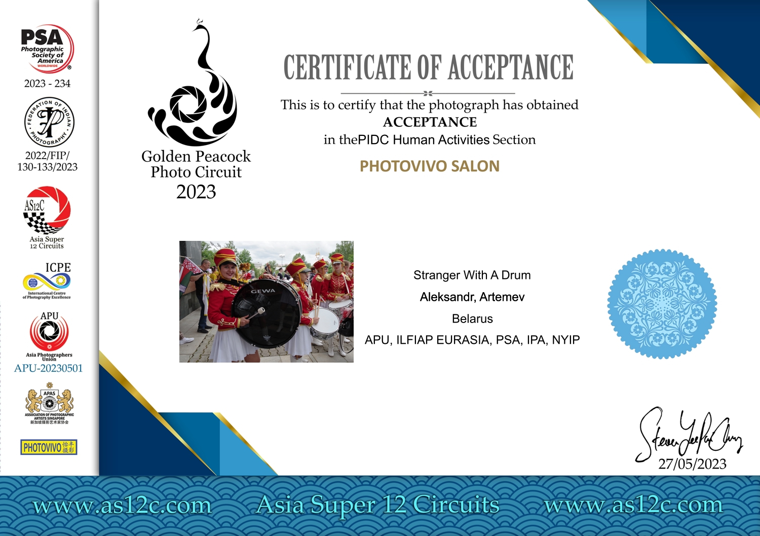 Aleksandr Artemev. Photographic awards. Golden Peacock (PSA 2023-234, APU-20230501, 2022/FIP/130-133/2023)
