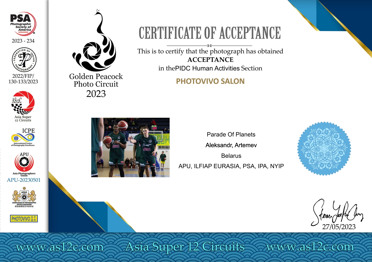 Aleksandr Artemev. Photographic awards. Golden Peacock (PSA 2023-234, APU-20230501, 2022/FIP/130-133/2023)