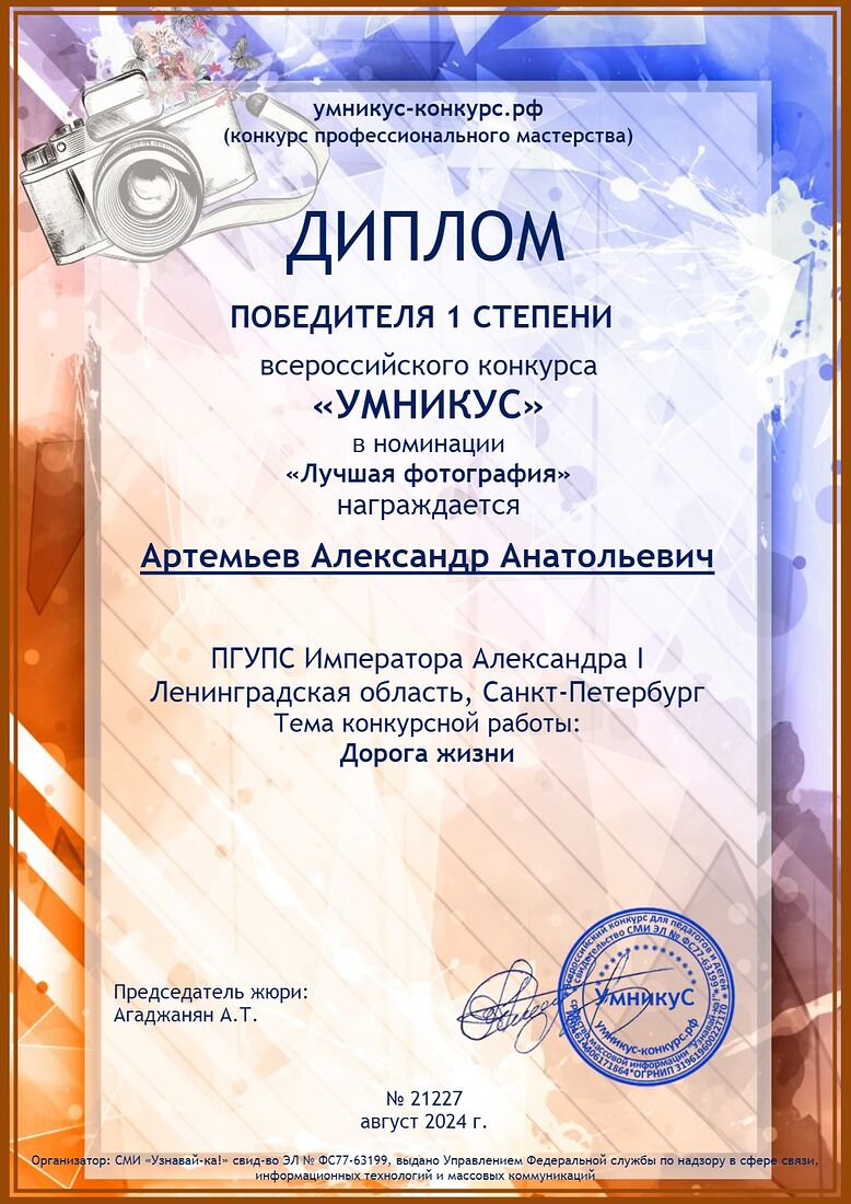 Aleksandr Artemev. Photographic awards. Дорога жизни.jpg